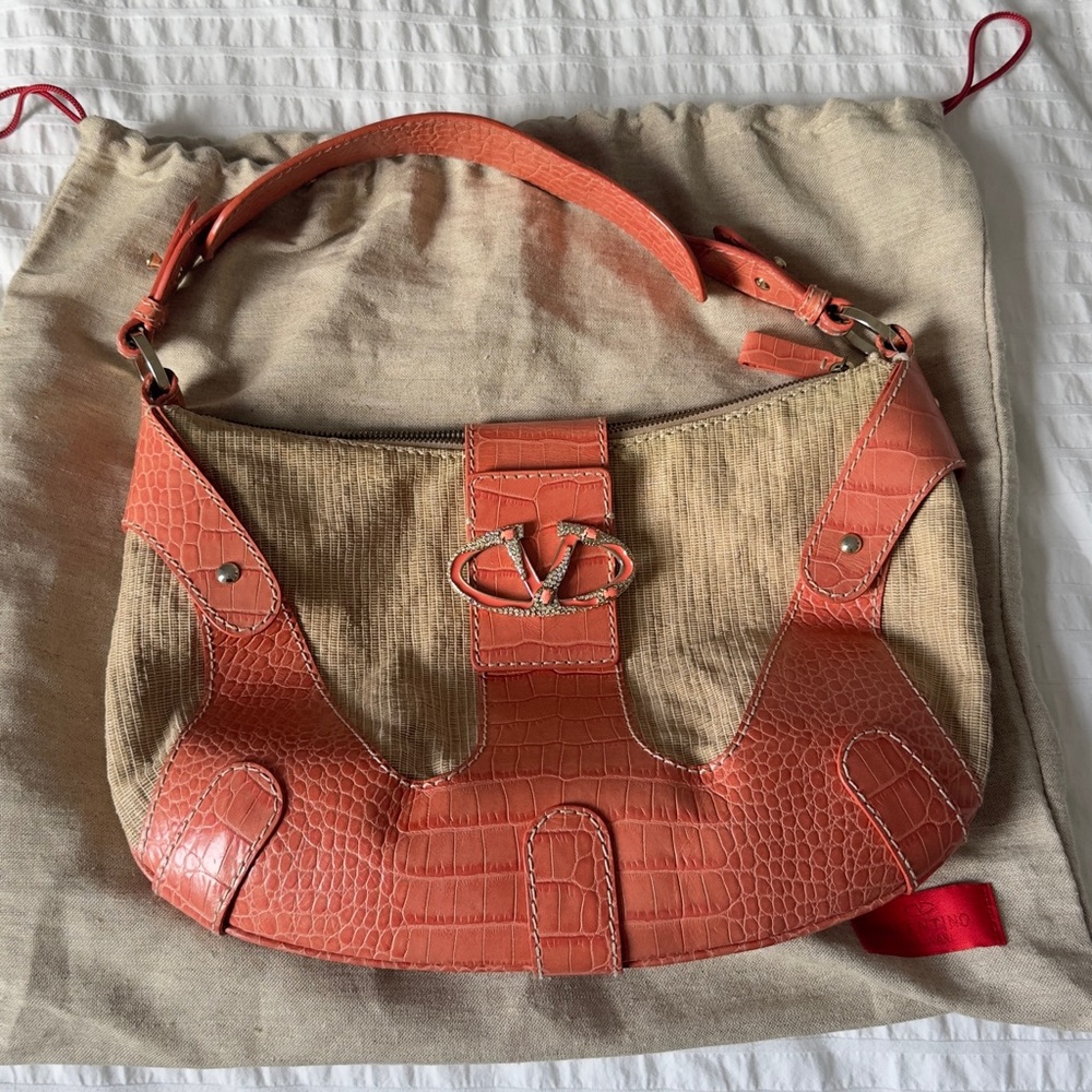 Valentino Croc-Embossed Orange Shoulder Bag